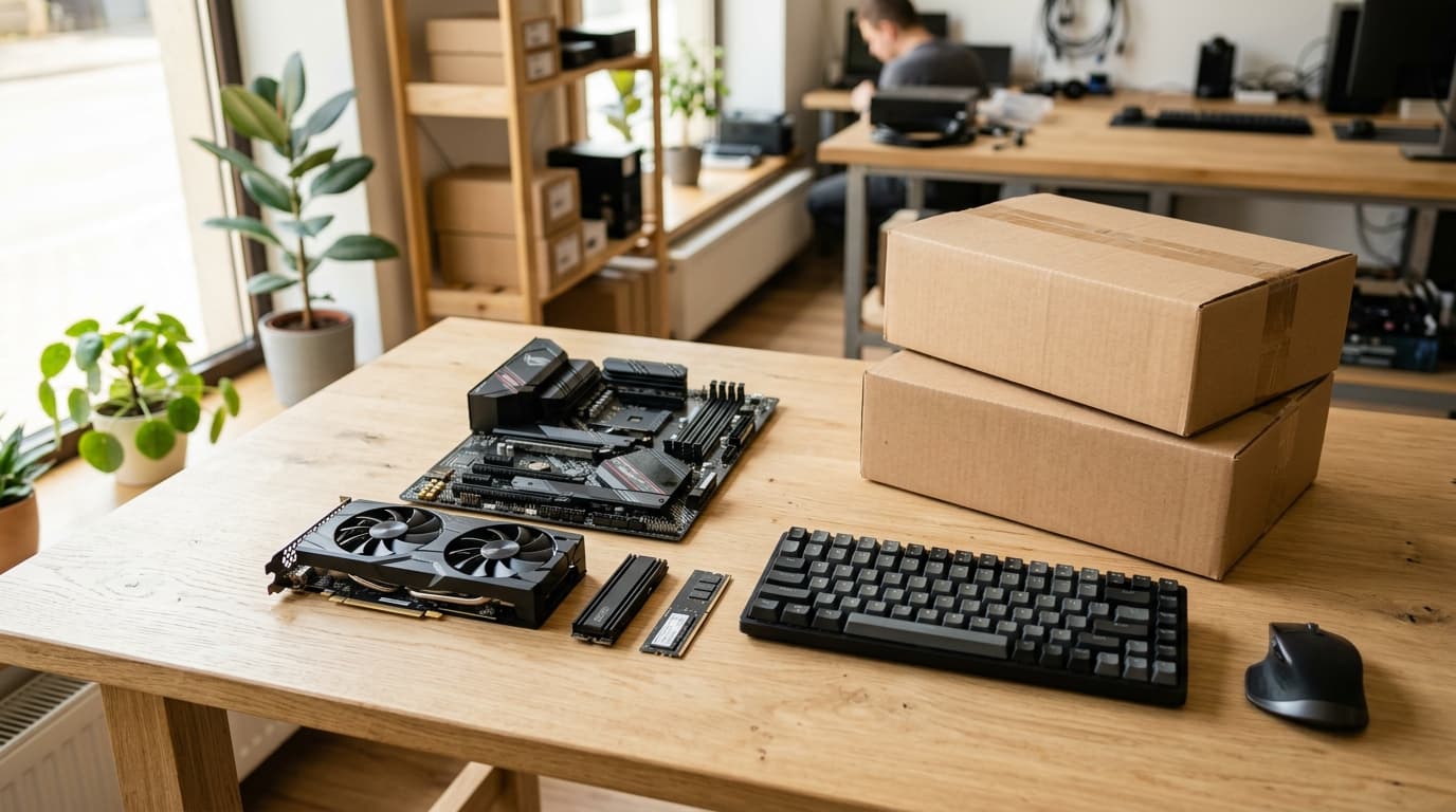 Computer parts and delivery boxes on a table