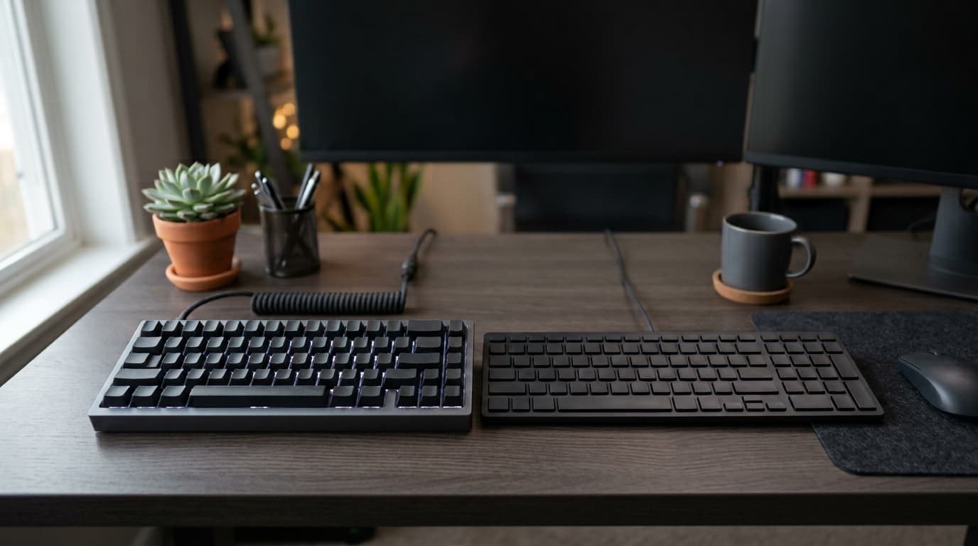 Mechanical keyboard and membrane keyboard side by side on a desk