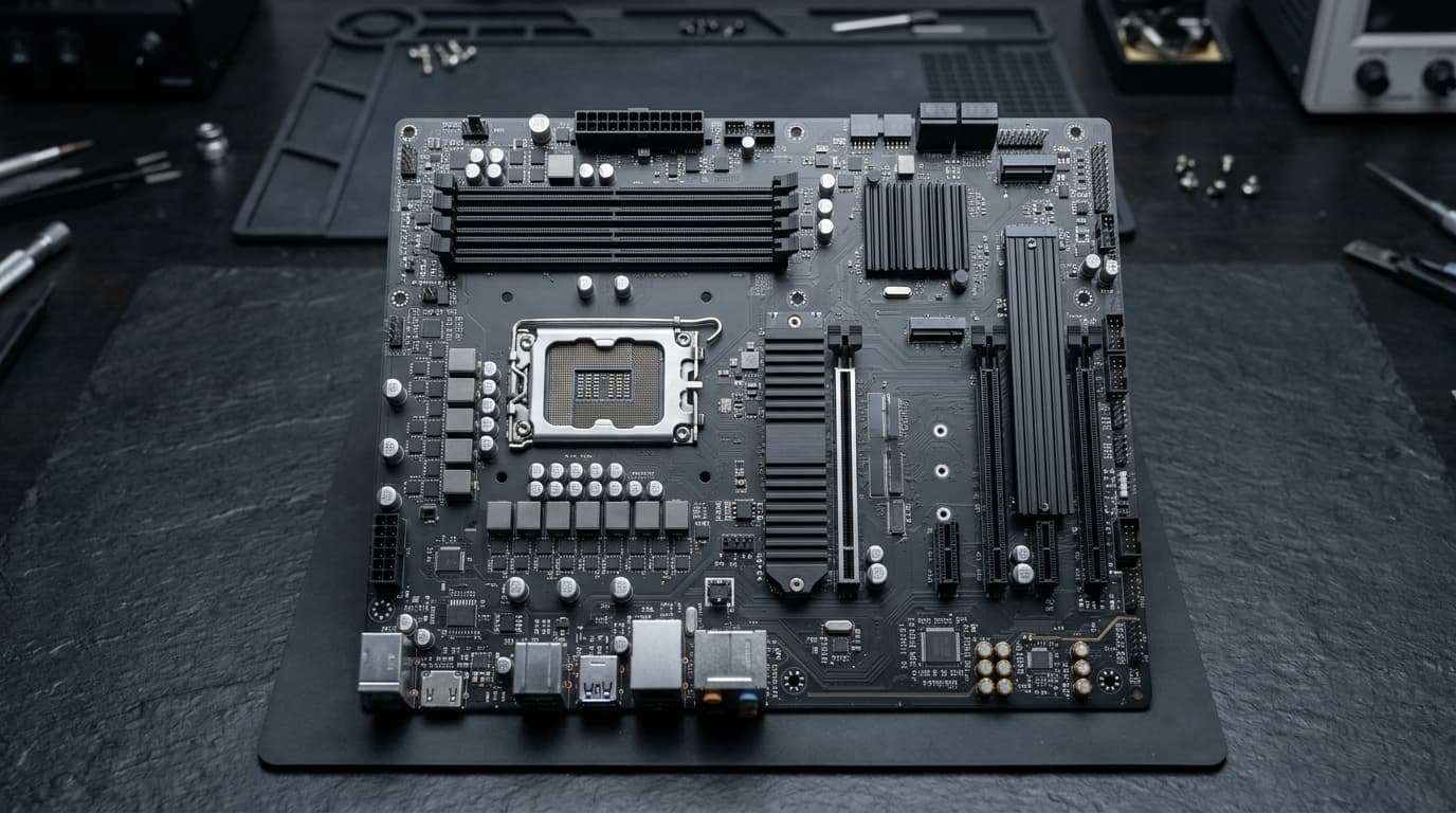 Desktop motherboard showing the CPU socket, memory slots and M.2 slots